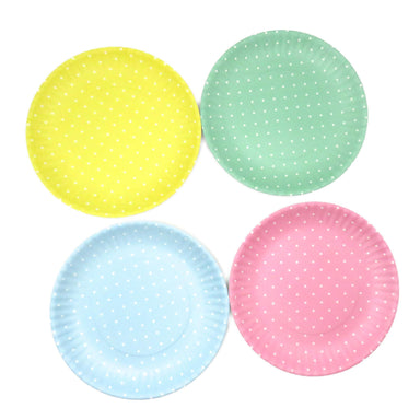Melamine Polka Dot "Paper" Plates - Set of 4. Each plate features a playful polka dot design that mimics the look of classic paper plates, 1 yellow 1 green, 1 baby blue, 1 pink