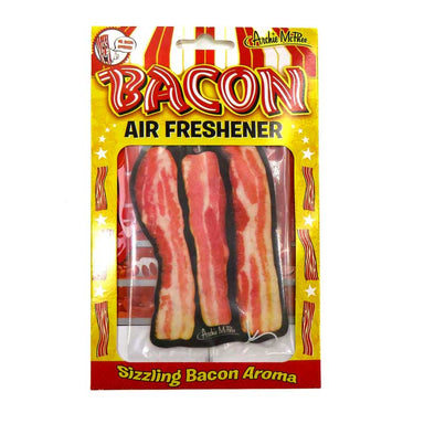 Bacon air freshener showing delicious bacon strips print on scented cardboard.