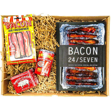 bacon lover gift box made of bacon 24/seven recipe book, bacon air freshener, bacon bandages and bacon candy