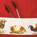red apron with a bag showing the illustrations of a cow a pig and a chicken 