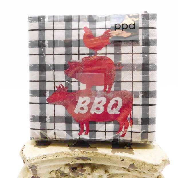 black and white plaid BBQ paper napkins depicturing a red cow a red pig and a red chicken one on top of the next 