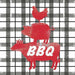black and white plaid BBQ depicturing a red cow a red pig and a red chicken one on top of the next