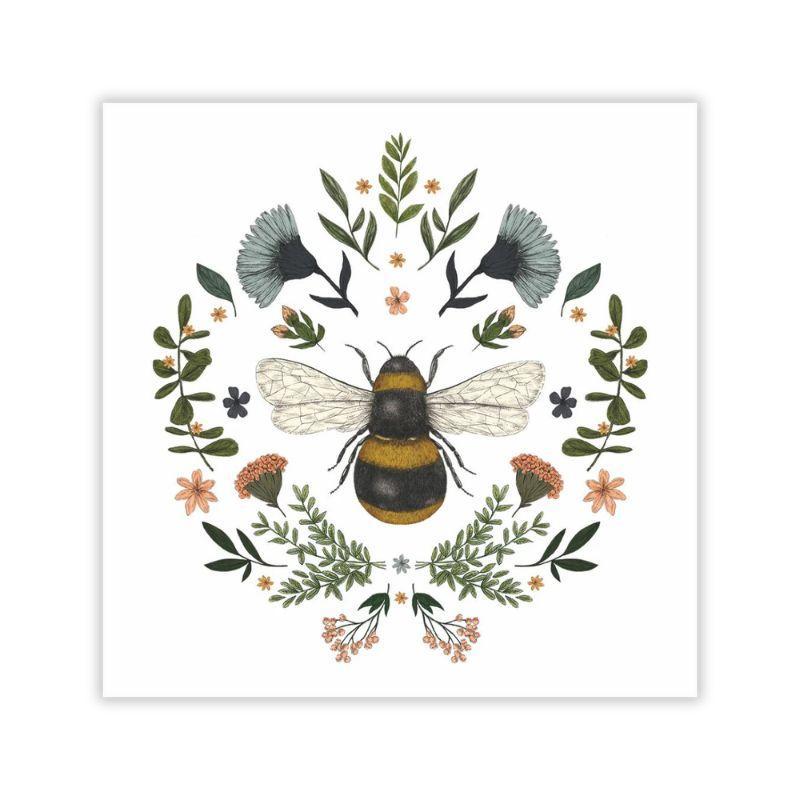 Illustration of a bee surrounded by flowers and leaves on a white background