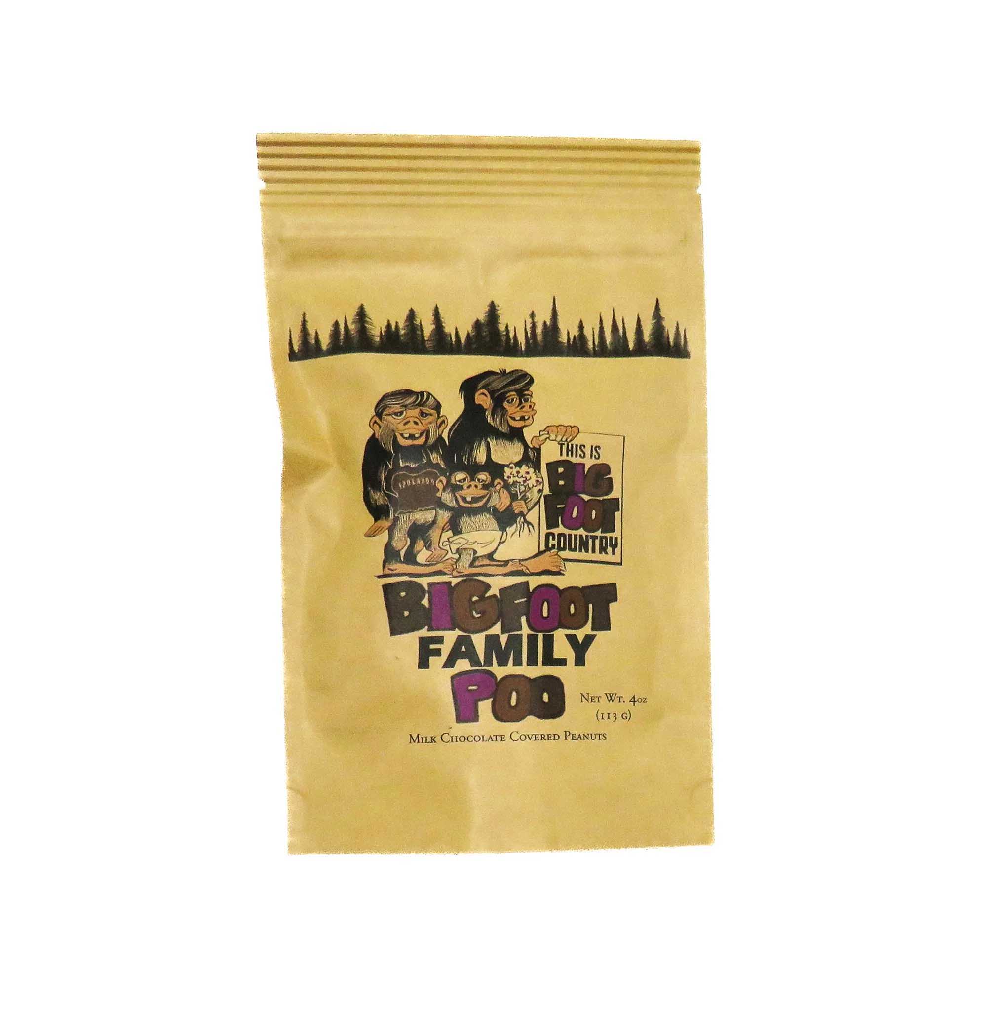 Bigfoot family poo milk chocolate coated peanuts bag.