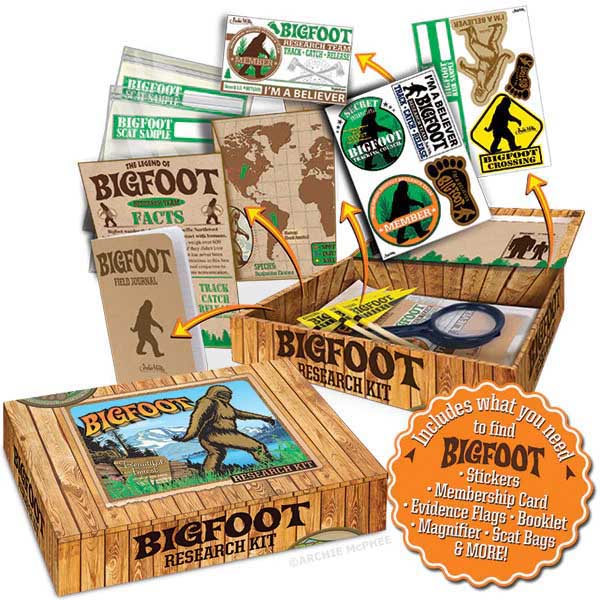 bigfoot research kit with all its content like the member's card, evidence flags, scat bags, and more...