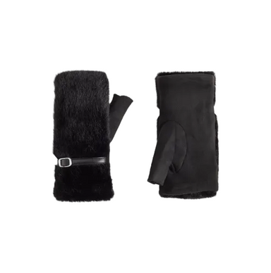 A pair of black winter gloves with plush faux-fur trim and a black leather wrist strap with a silver buckle, shown on a light gray background.