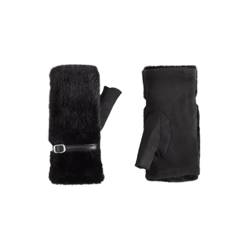 A pair of black winter gloves with plush faux-fur trim and a black leather wrist strap with a silver buckle, shown on a light gray background.
