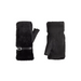 A pair of black winter gloves with plush faux-fur trim and a black leather wrist strap with a silver buckle, shown on a light gray background.