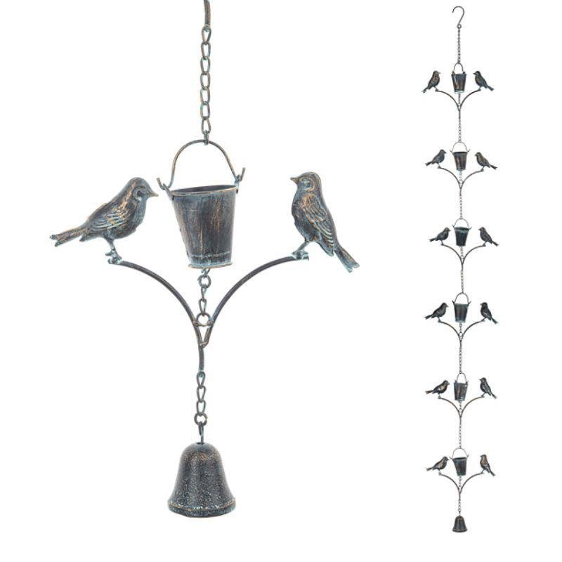Decorative hanging bird feeder with birds and a bell on a white background