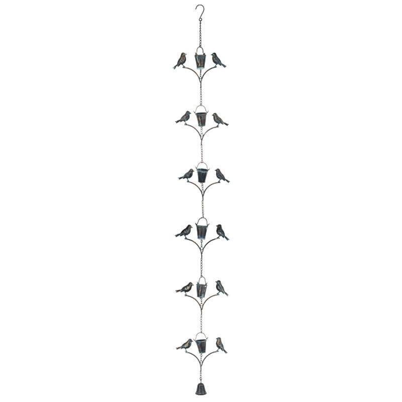 Decorative hanging bird feeder with small birds on a white background