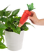Hand holding a red carrot-shaped plant waterer over a potted plant on a white background