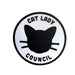 "Cat lady Council" black and white round sticker showing the illustration of a kitty's face.  