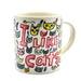 White ceramic mug illustrated with adorable cat faces and the caption "I Like Cats".