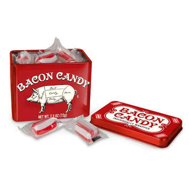Red tin box labeled 'Bacon Candy' with individually wrapped candy pieces on a white background.