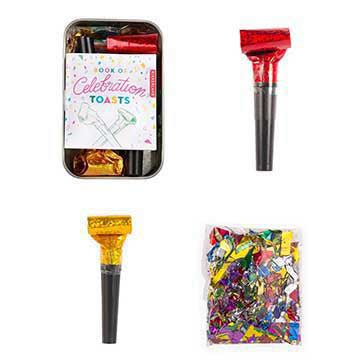 Mini celebration kit that contains 1 bag of foil confetti, 2 party blowers and 1 book of toasts.