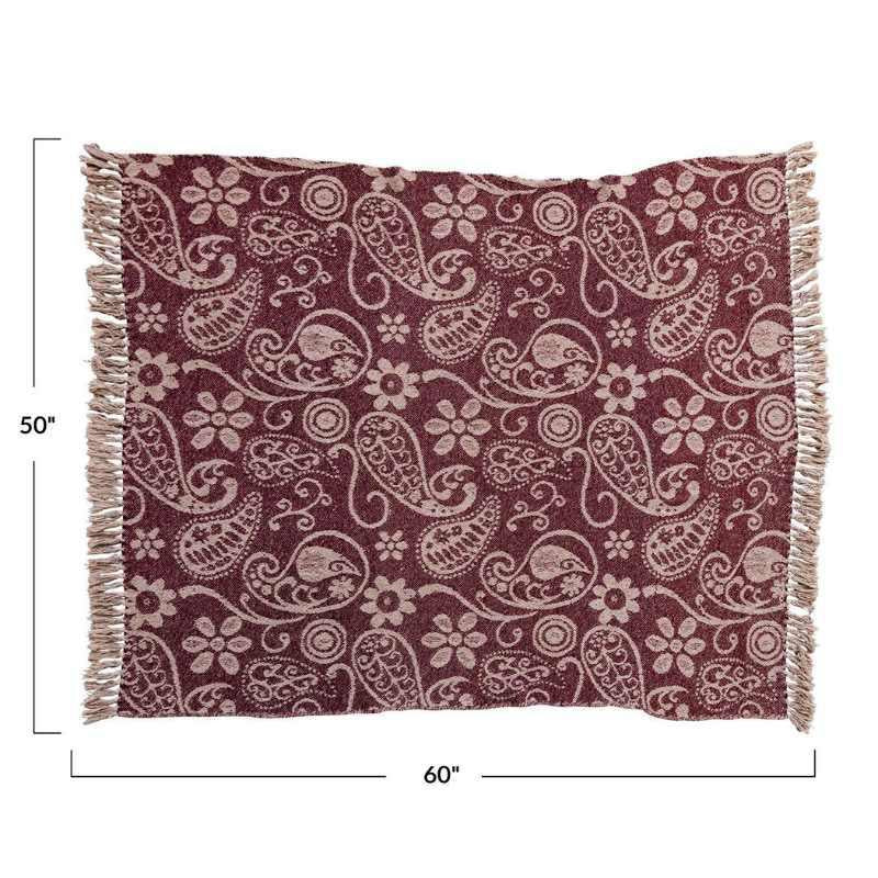 Patterned throw blanket with paisley design and tassels, shown with dimensions on a white background.