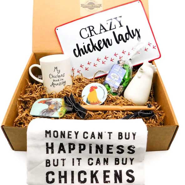 Crazy Chicken lady gift set Filled  with fun chicken-themed gifts, a chicken creamer pitcher, a metal sign, a bag of chocolates, a chicken mug, a rooster kitchen spatula and a crazy chicken lady  sticker.