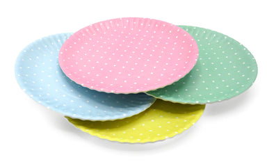 Melamine Polka Dot "Paper" Plates - Set of 4. Each plate features a playful polka dot design that mimics the look of classic paper plates, 1 yellow 1 green, 1 baby blue, 1 pink