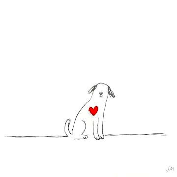 illustration of a dog with a red heart. 