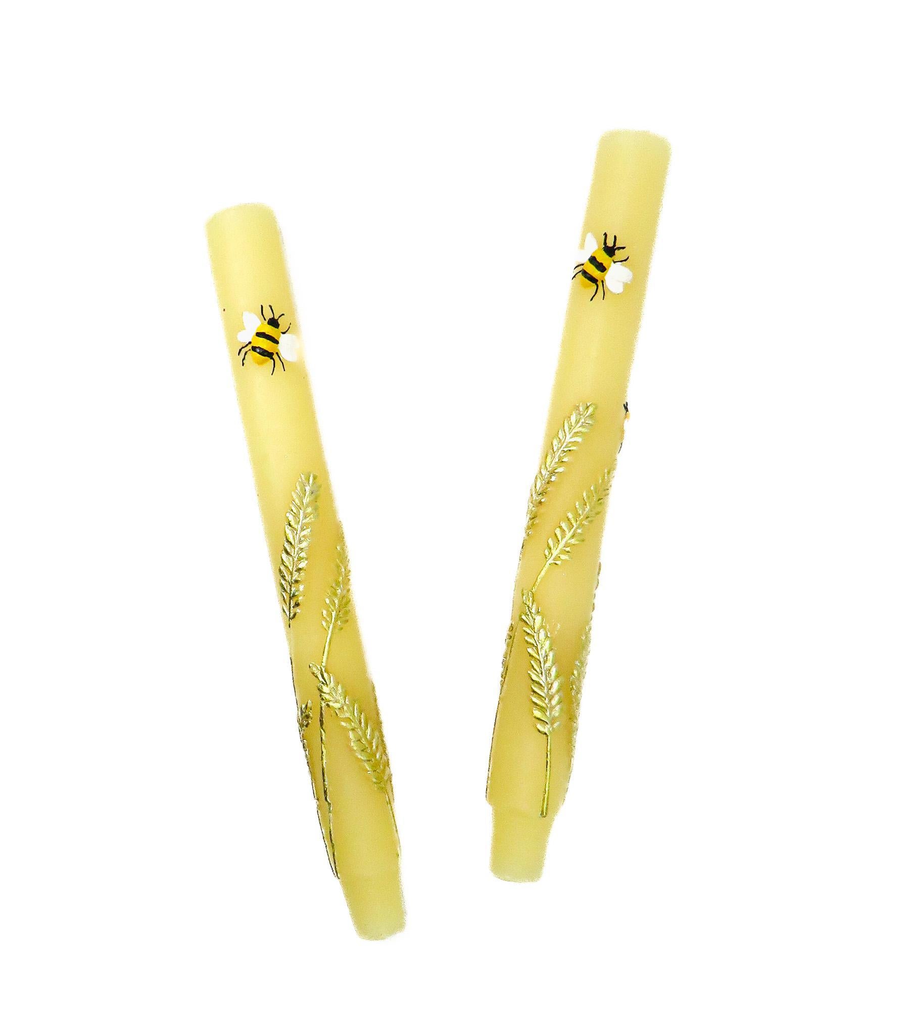 Set Of  Bee Taper Candles  featuring a a bee and whet flowers  