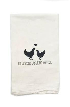 kitchen towel featuring a delightful chicken illustration and a witty caption that says "Urban farm girl", soft and cream-colored 