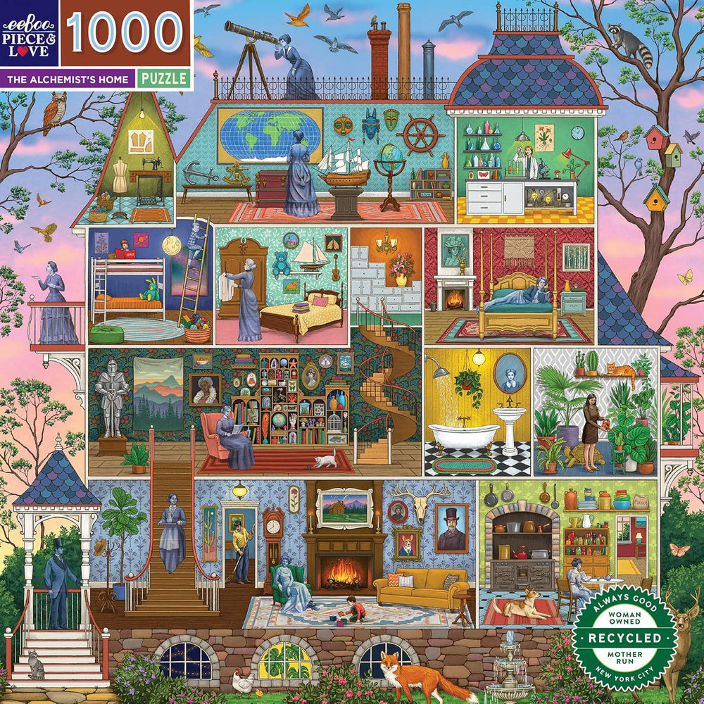 Jigsaw puzzle packaging with colorful illustration of a house interior and exterior, featuring various rooms and activities.