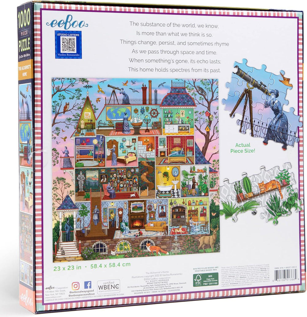 Eeboo puzzle box with colorful illustration of a house and puzzle pieces.
