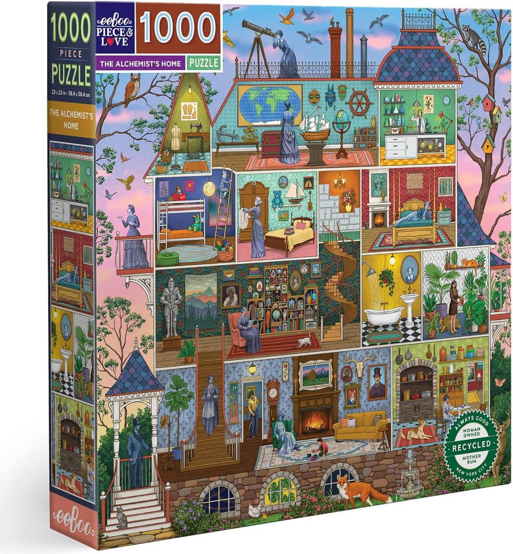 Jigsaw puzzle box featuring a colorful illustration of an alchemist's home with various rooms and activities.