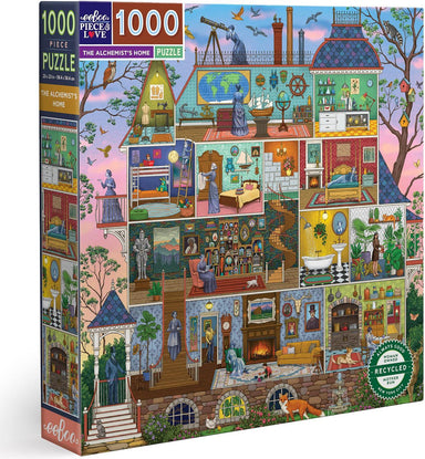 Jigsaw puzzle box featuring a colorful illustration of an alchemist's home with various rooms and activities.