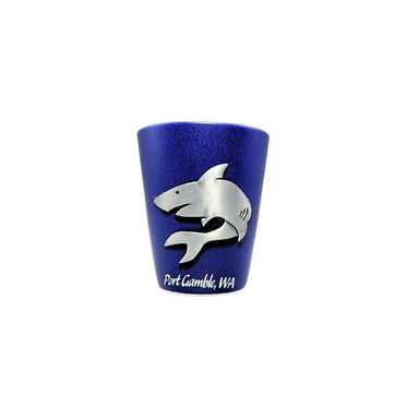Blue shot glass with a silver shark design and 'Port Gamble, WA' text on a white background
