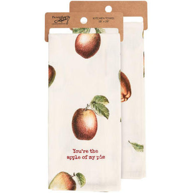 Kitchen towel with apple design and text 'You're the apple of my pie' in packaging