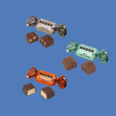 Assorted Mazvz toffee candies on a blue background