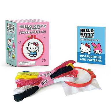 Hello Kitty cross-stitch kit with thread and instructions on a white background