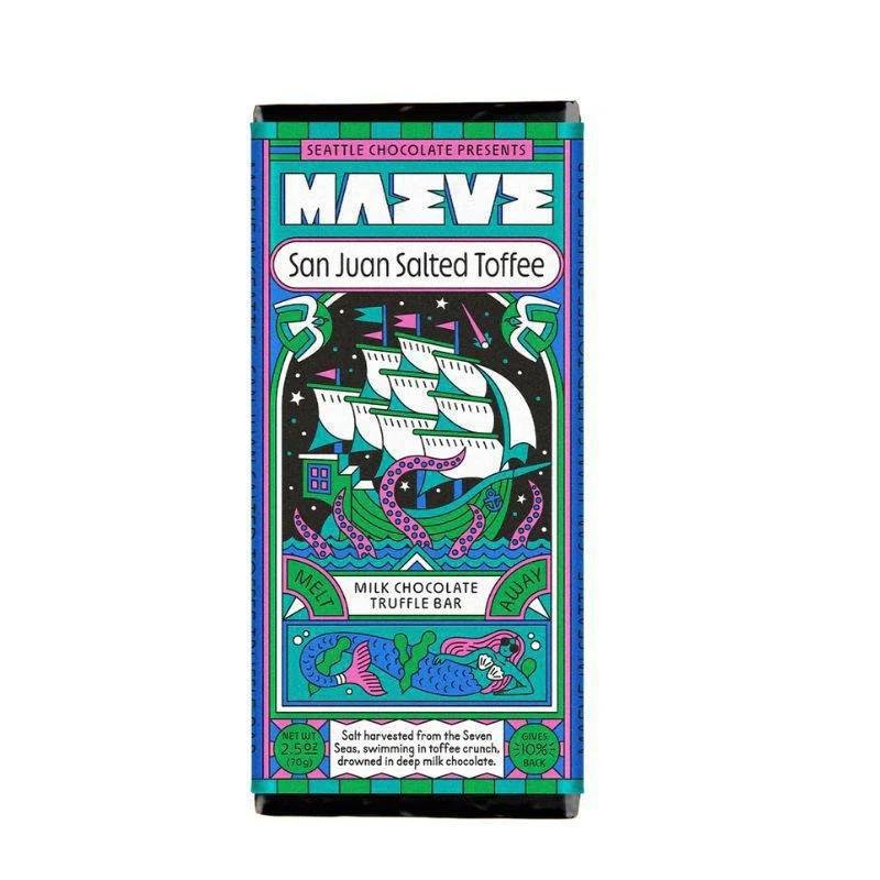 Maeve San Juan Salted Toffee chocolate bar packaging on a white background