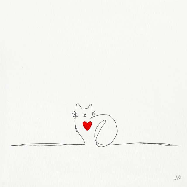 Cat art depicts a cute cat drawn with a single line that has a red heart in the middle of its chest.