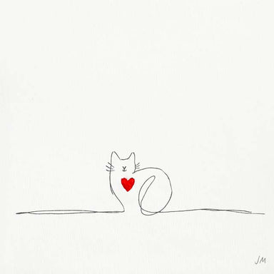 Cat art depicturing a cute cat drawn with a single line that has a red heart in the middle of it's chest.