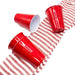 set of 4 melamine solo cups over a red and white  striped  table runner 