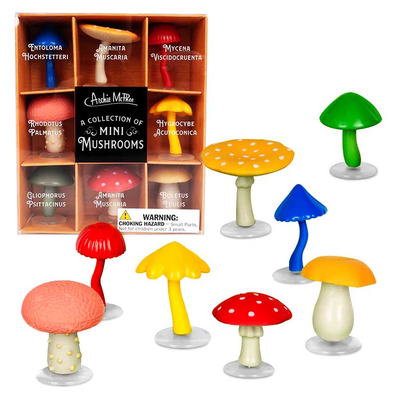A collection of mini mushrooms containing 8 different figurines of the different species  