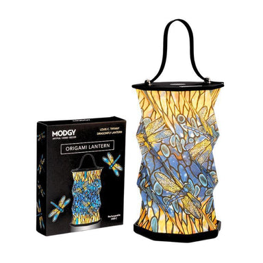 Decorative lantern with dragonfly design next to its packaging on a white background