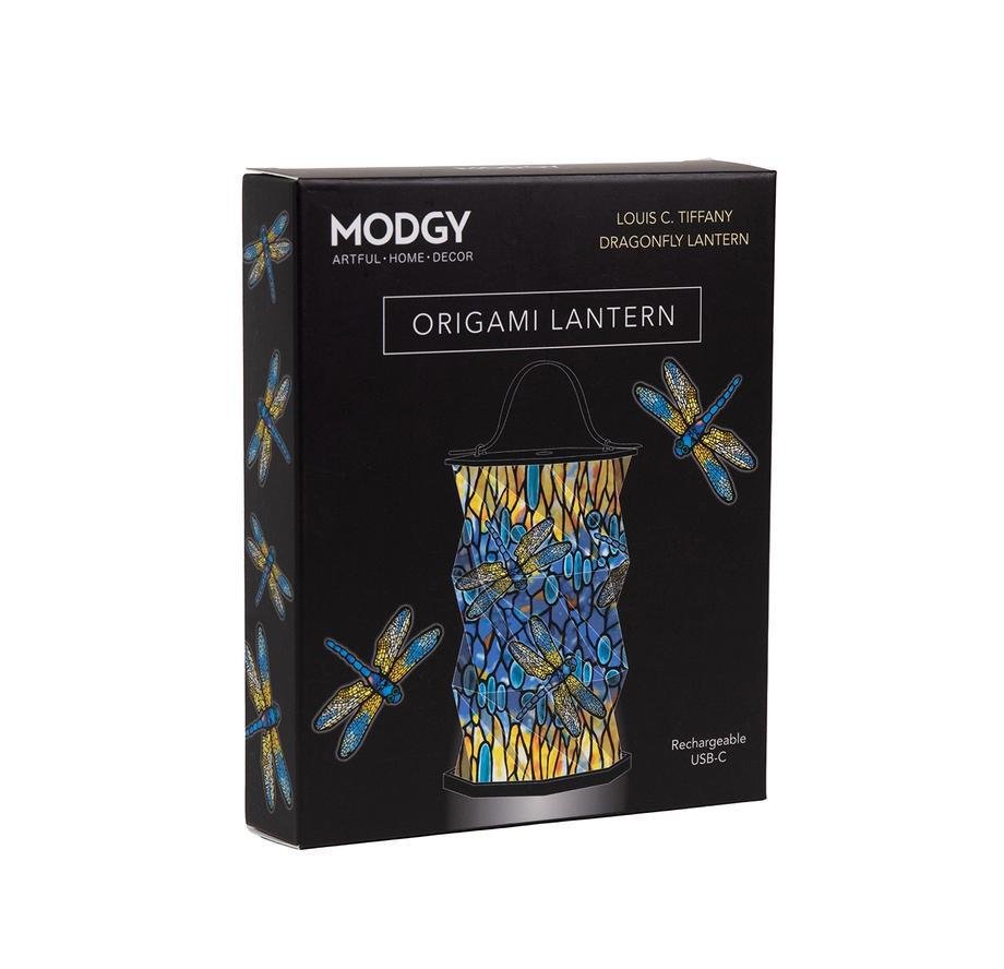 MODGY origami lantern packaging with dragonfly design on a white background