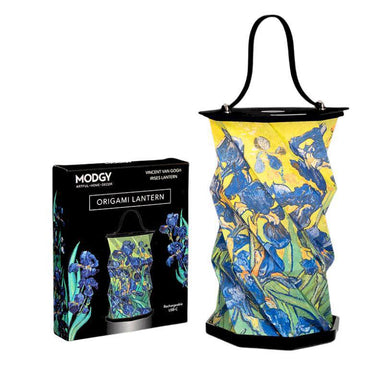 Origami lantern with Van Gogh design next to its packaging on a white background
