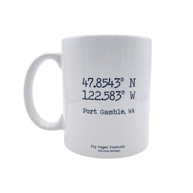 White mug with coordinates and text on a white background