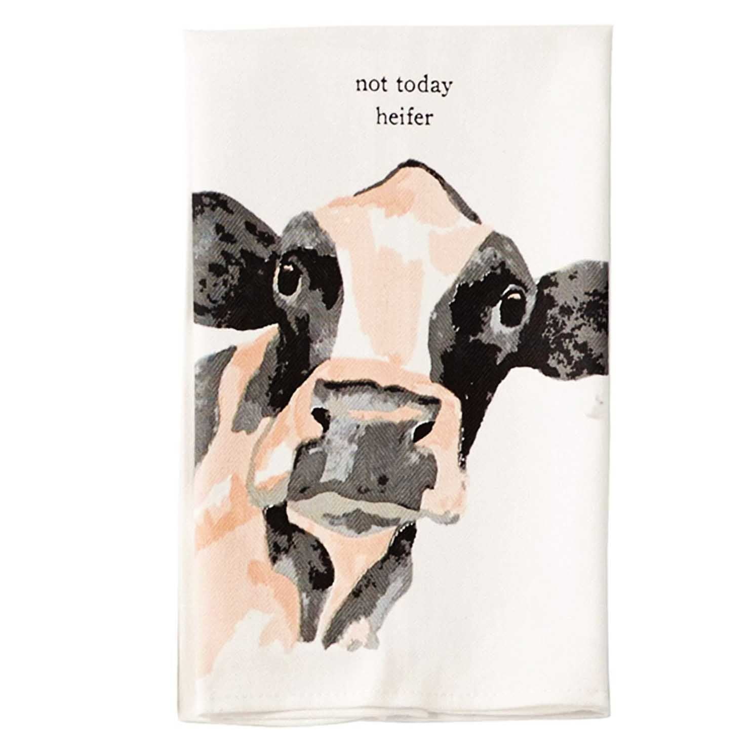 "not today heifer" white, cotton hand towel with a cow staring head design.