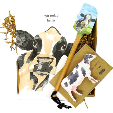 "Not Today Heifer" Gift Box for cow lovers, contains a hand towel, a spatula and cow shaped sponge all items are cow themed.