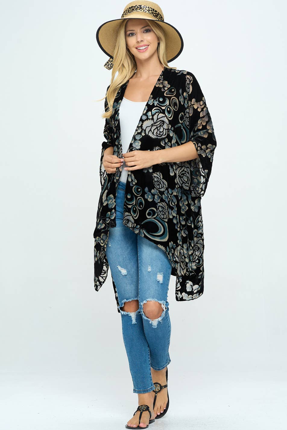 Floral Print Velvet Kimono