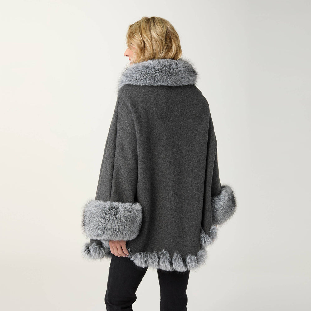 Mira Wrap with Faux Fur Trim-Fall: Grey