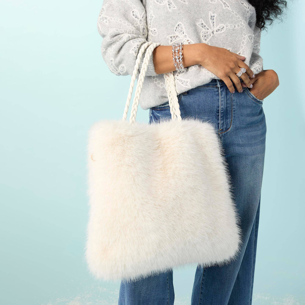 Veda Faux Fur Tote-Christmas: White
