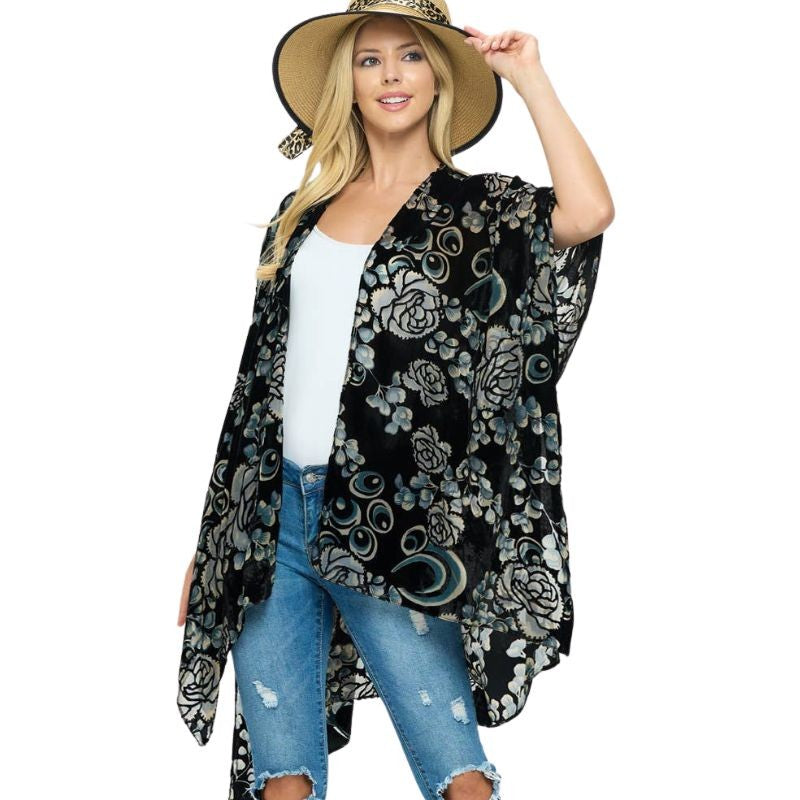 Floral Print Velvet Kimono