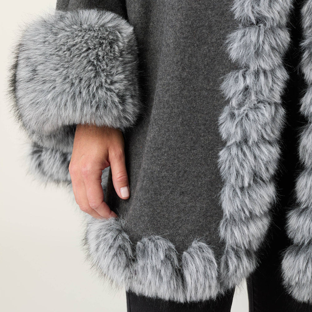 Mira Wrap with Faux Fur Trim-Fall: Grey