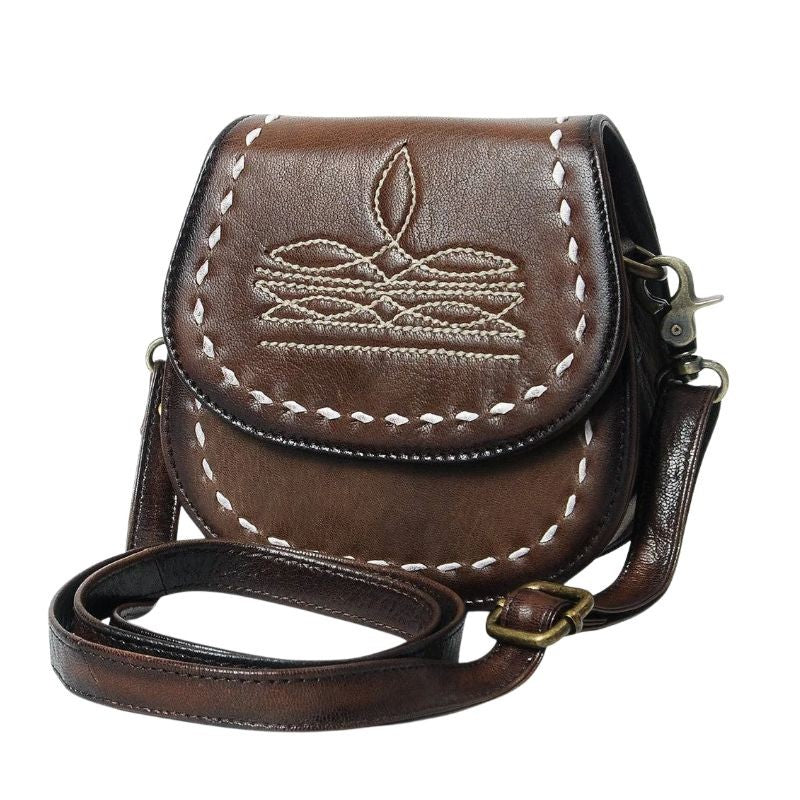 Western Embroidered Leather Saddle Crossbody Bag – Dark Brown